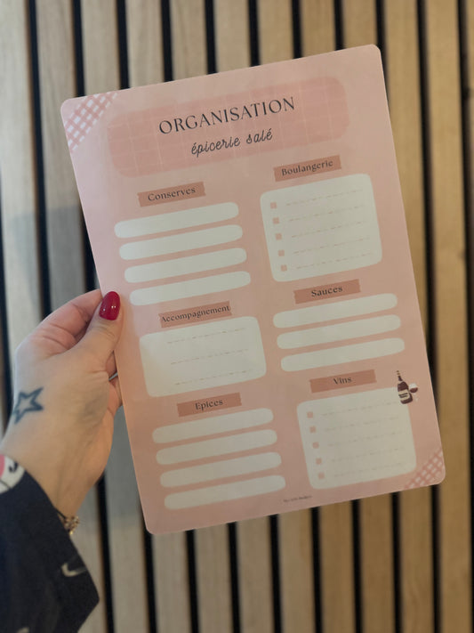 Fiche A4 recto verso plastifiée « organisation épicerie salé et sucré »