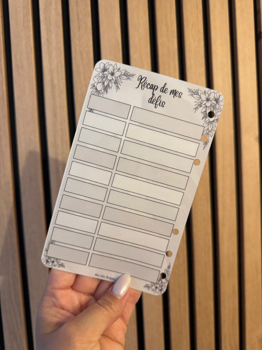 Fiche A6 perforée recto verso « Récap de mes défis » Collection noir & blanc