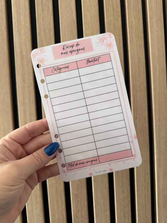 Fiche A6 perforée « Récap de mes épargnes »