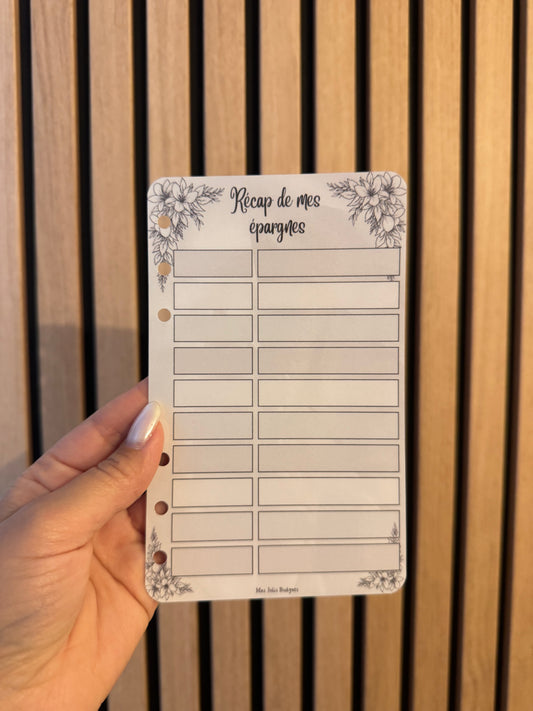 Fiche A6 perforée recto verso « Récap de mes épargnes » Collection Noir et blanc