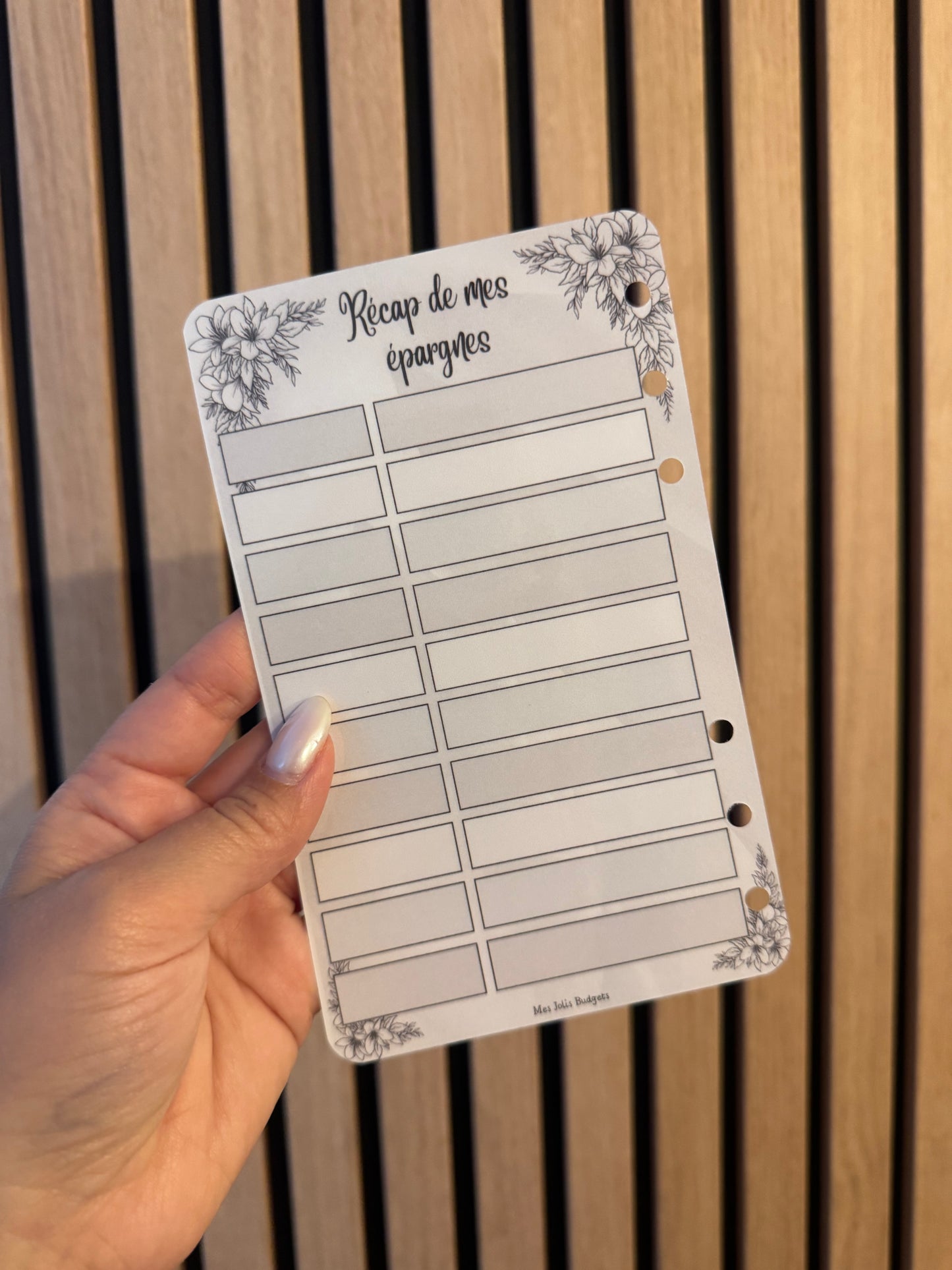 Fiche A6 perforée recto verso « Récap de mes épargnes » Collection Noir et blanc
