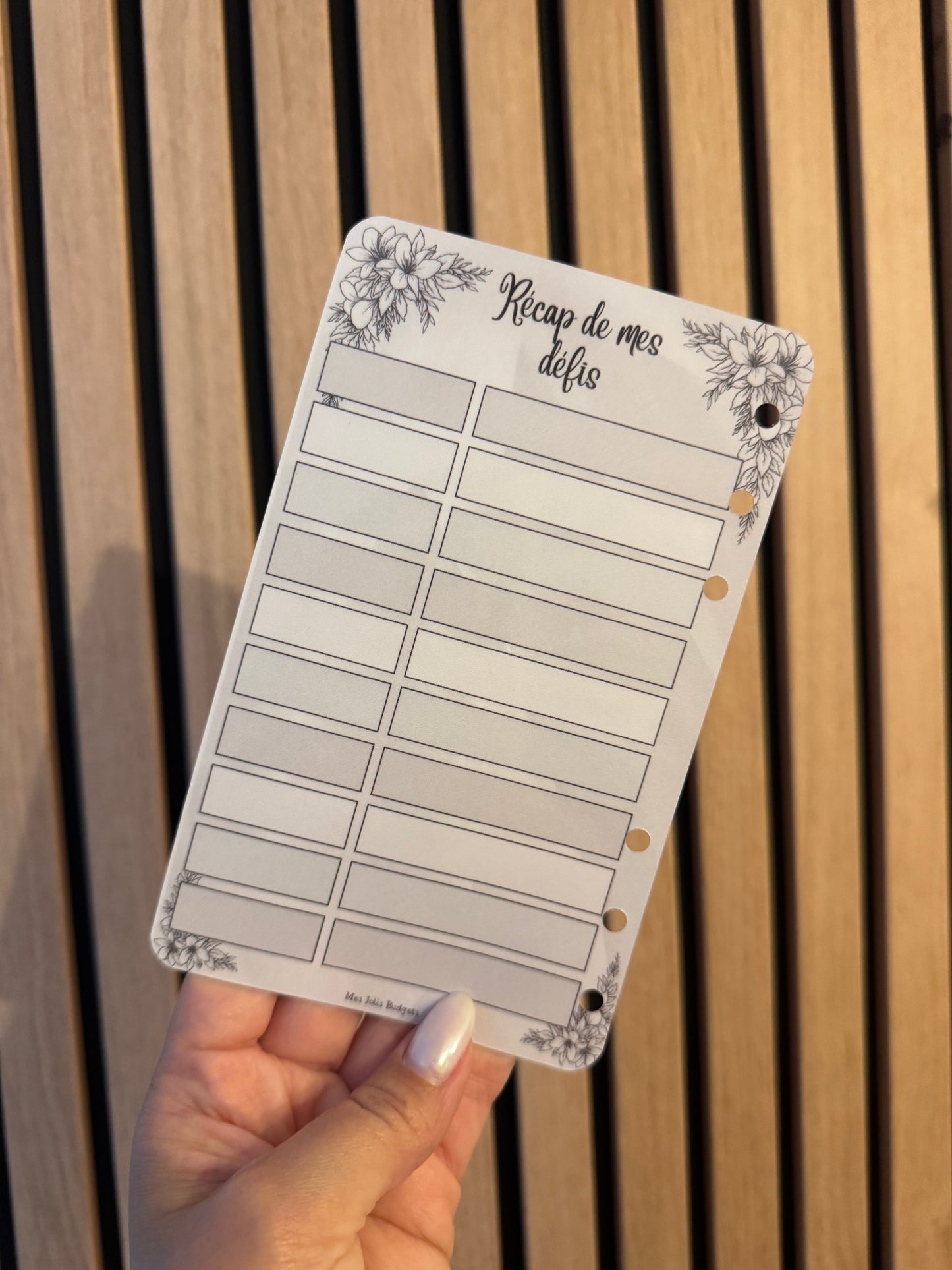 Fiche A6 perforée recto verso « Récap de mes défis » Collection noir & blanc